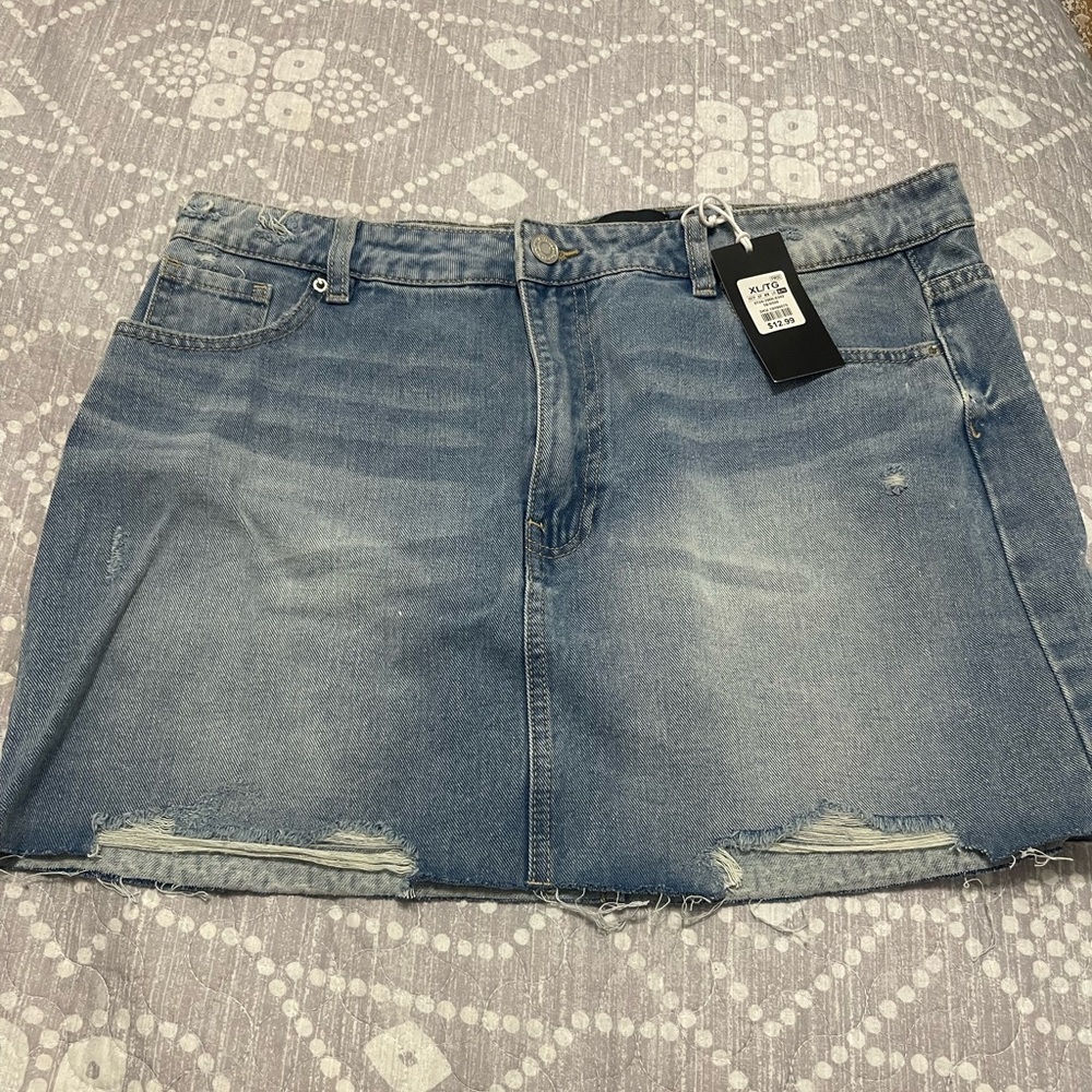 Refuge Light Blue Distressed Mini Skirt